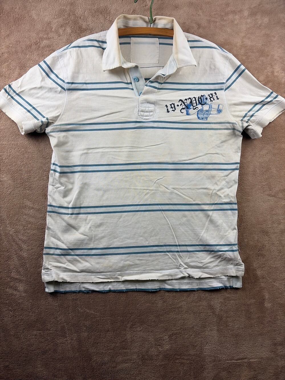 Vintage Ruehl No. 925 NYC White Polo Shirt Thin Blue Stripes Crest Men's Size L